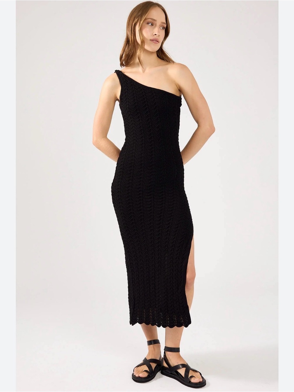 Black One-Shoulder Knit Midi Dress